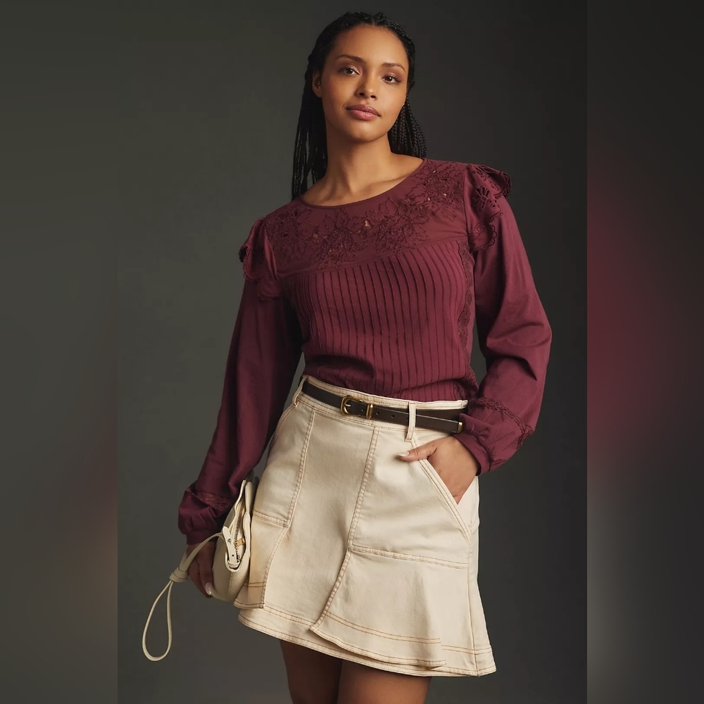 Anthropologie Tiny Long-Sleeve Crescent Ruffled Lace Top Size M